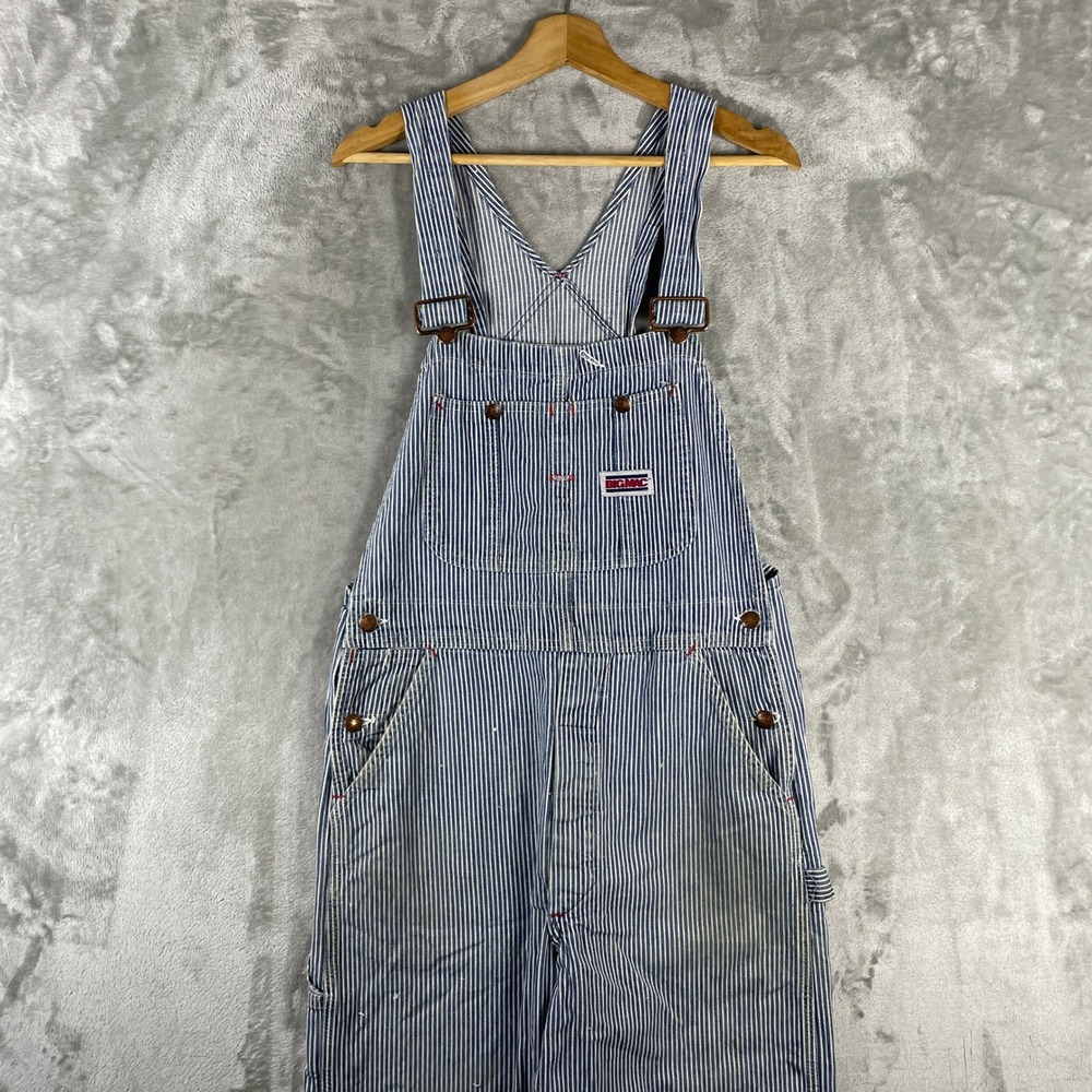 Vintage Big Mac Overalls Mens 32x32 fits 30x30 Blue Hickory Stripe USA Conductor